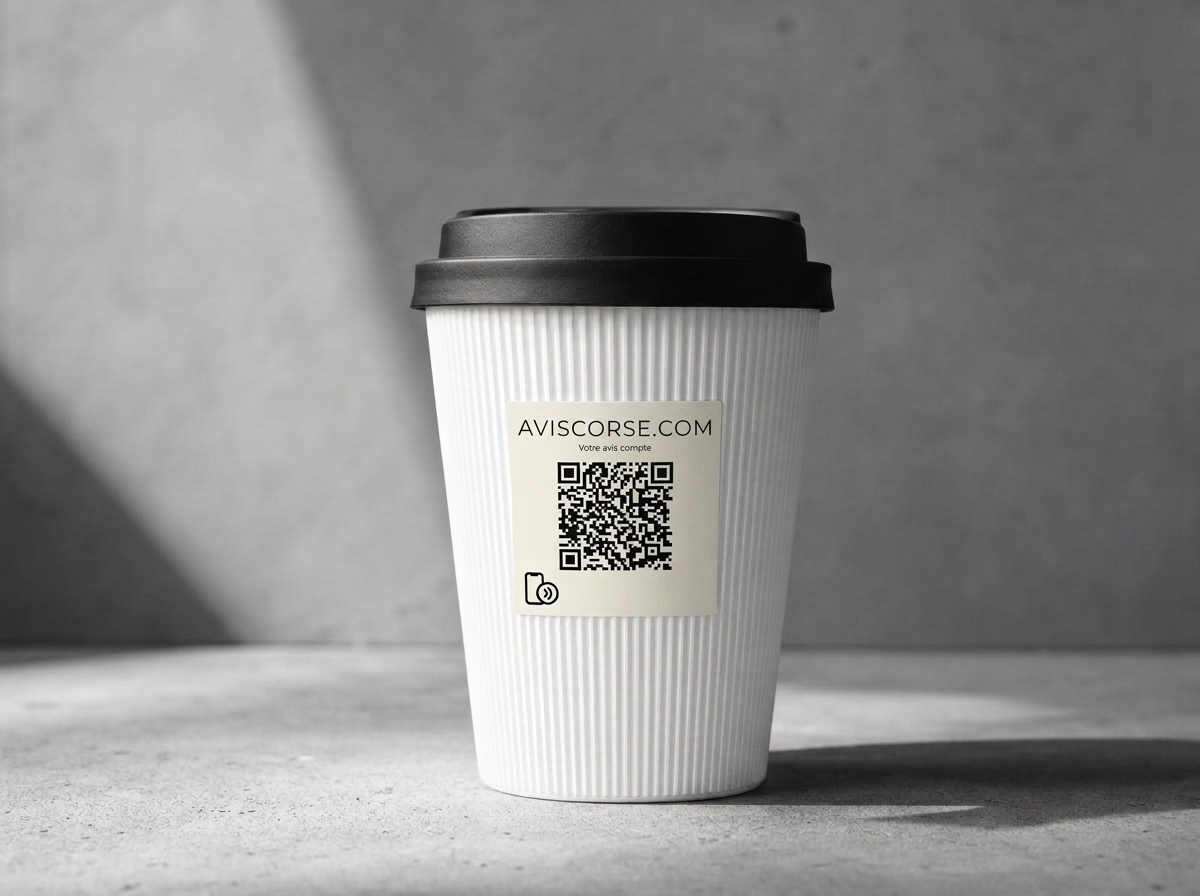 Gobelet réutilisable avec un autocollant aviscorse.com 37 × 37 mm et son QR code sur la façade