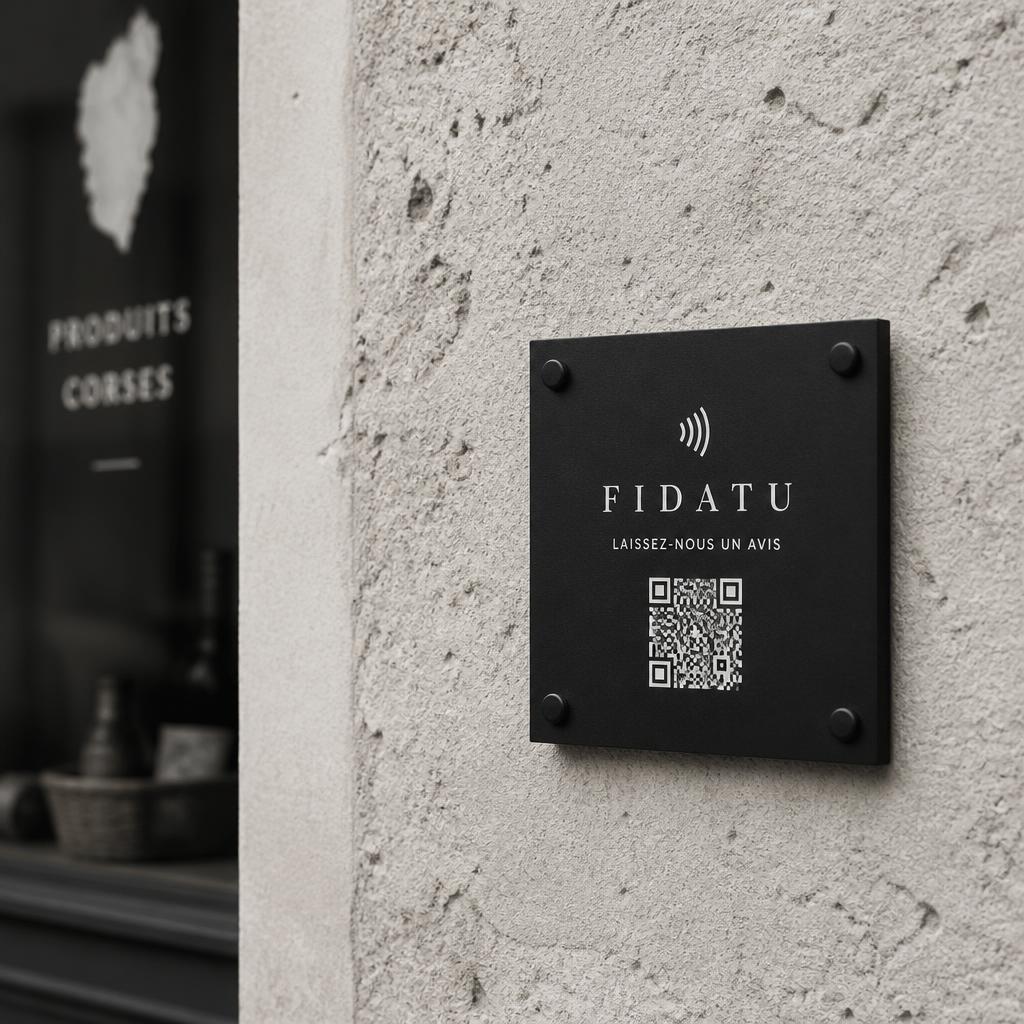 Plaque NFC aviscorse.com noire avec QR code fixée sur un mur en pierre corse