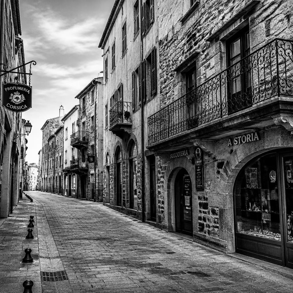 Rue pavée de la vieille ville de Porto-Vecchio en noir et blanc