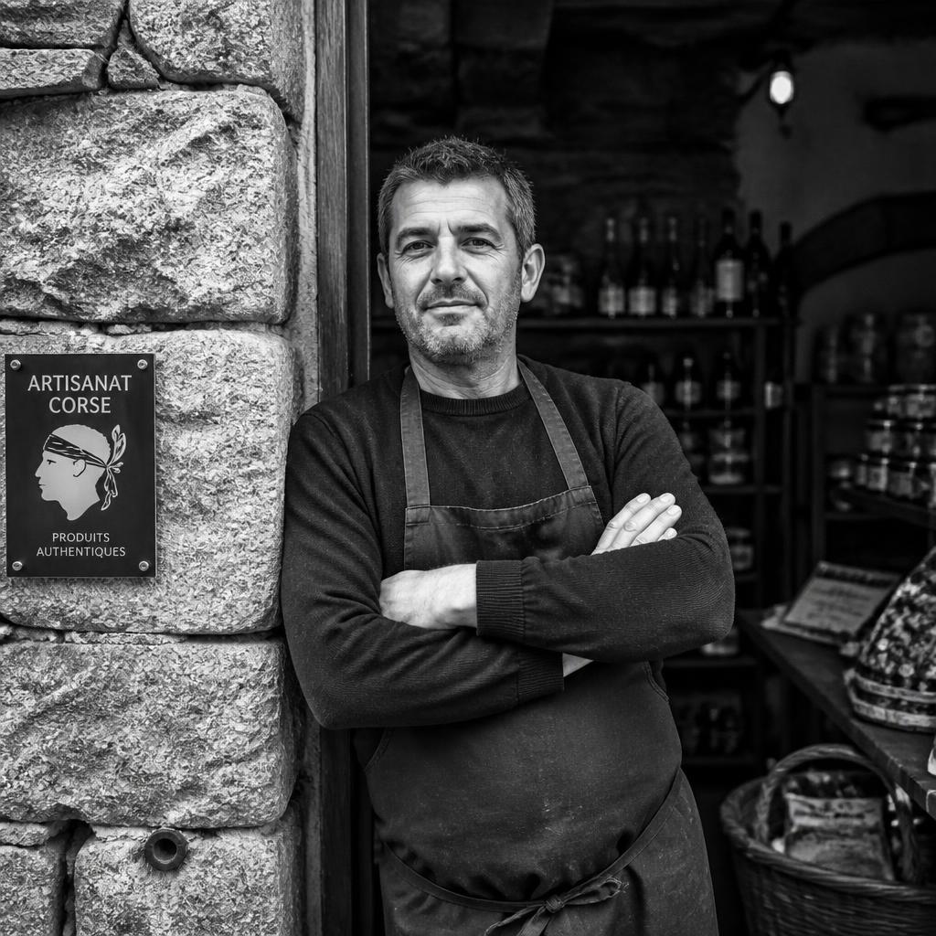 Portrait noir et blanc d'un artisan corse devant sa boutique