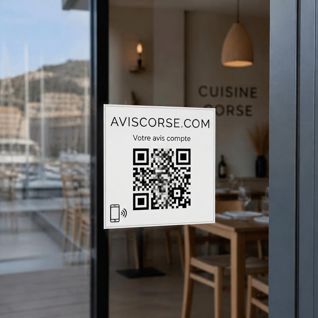 Vitrine de restaurant corse avec un autocollant aviscorse.com 80 × 80 mm lisible de la rue