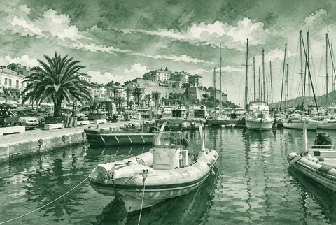 Aquarelle en vert maquis : Le port de Calvi au pied de la citadelle