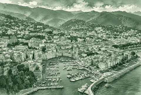 Aquarelle en vert maquis : Vue aérienne du port et de la ville de Bastia
