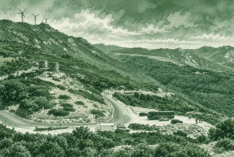 Aquarelle en vert maquis : Route du col de la Serra dans le maquis du Cap Corse