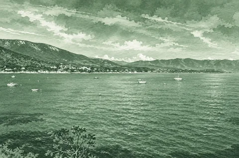 Aquarelle en vert maquis : Le golfe de Sagone