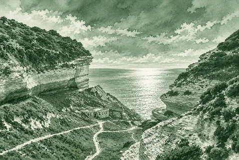 Aquarelle en vert maquis : Les falaises calcaires de Bonifacio au coucher du soleil