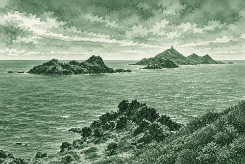 Aquarelle en vert maquis : Les îles Sanguinaires au large d'Ajaccio
