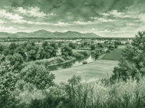 Aquarelle en vert maquis : Le Tavignano et la plaine d'Aléria